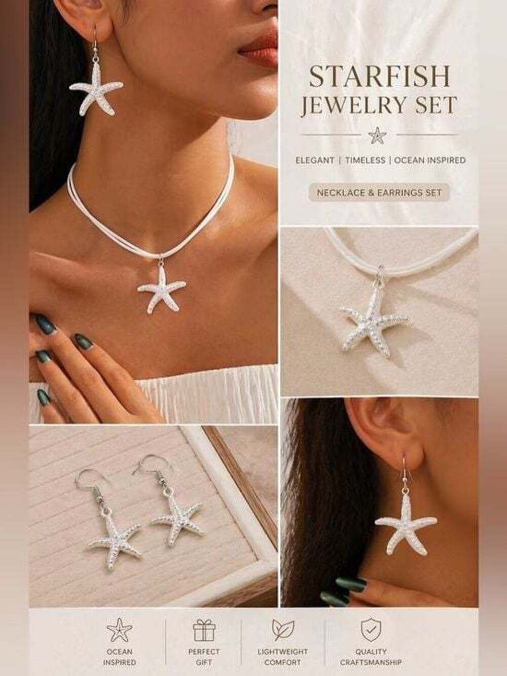 White Starfish Pendant Necklace and Earring Set - Women Jewelry Set